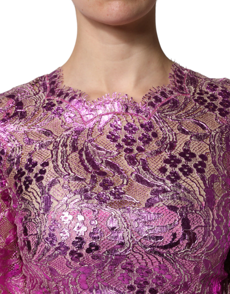 Metallic fuchsia floral lace sheath mini dress with a scalloped neckline