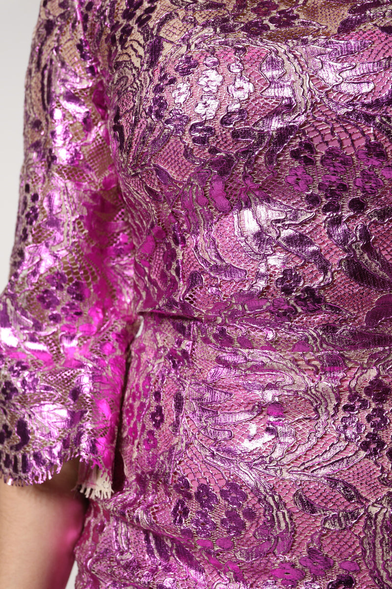 Metallic fuchsia floral lace sheath mini dress