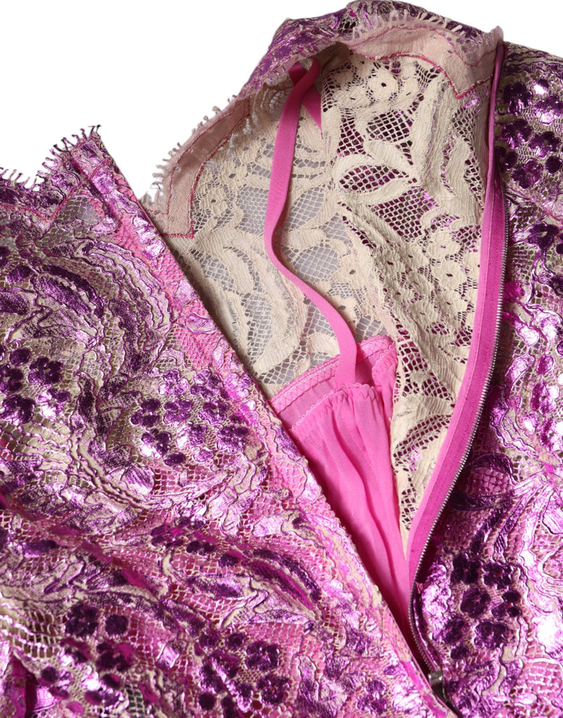 Metallic fuchsia floral lace sheath mini dress with a pink slip lining and zipper back