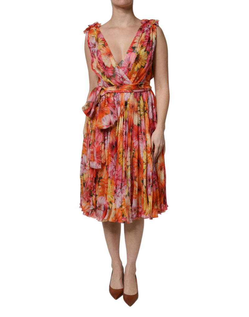 Multicolor floral silk chiffon V-neck dress with a tie waist and pleated midi skirt