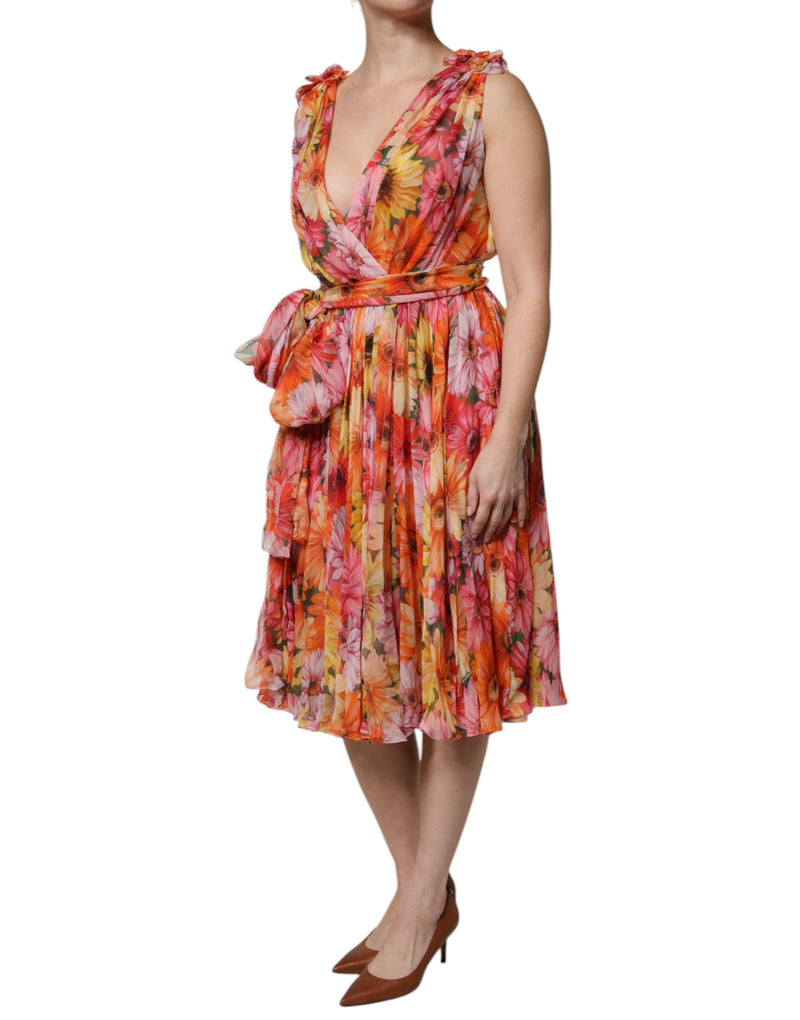 Multicolor floral silk v-neck chiffon dress with a pleated skirt and a side bow tie