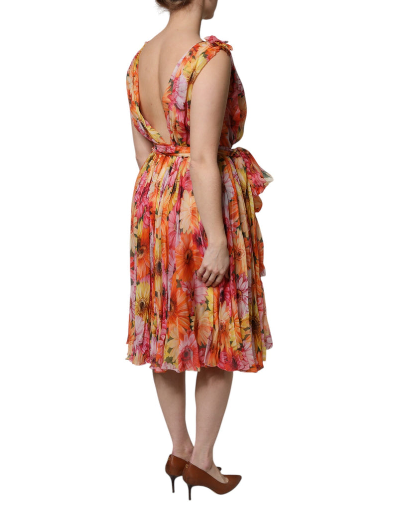 Multicolor floral silk chiffon dress with a low V-neck back and flared skirt
