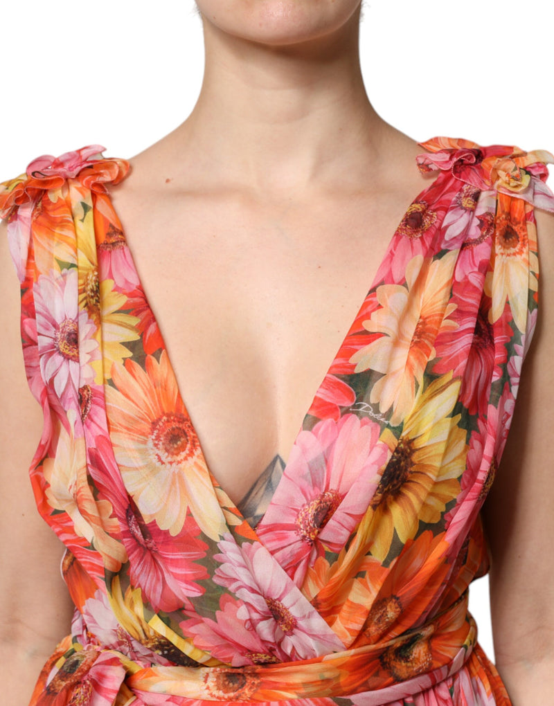 Multicolor floral silk chiffon V-neck dress with ruffled straps