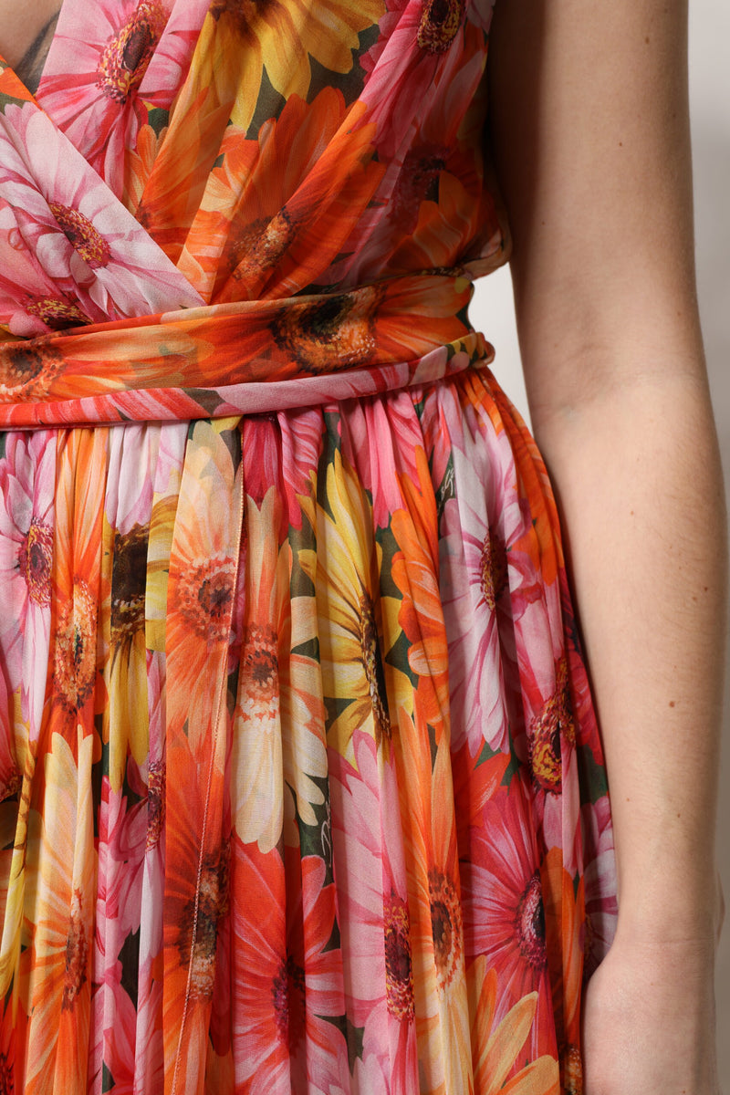 Multicolor floral silk chiffon V-neck dress with a wrapped waist