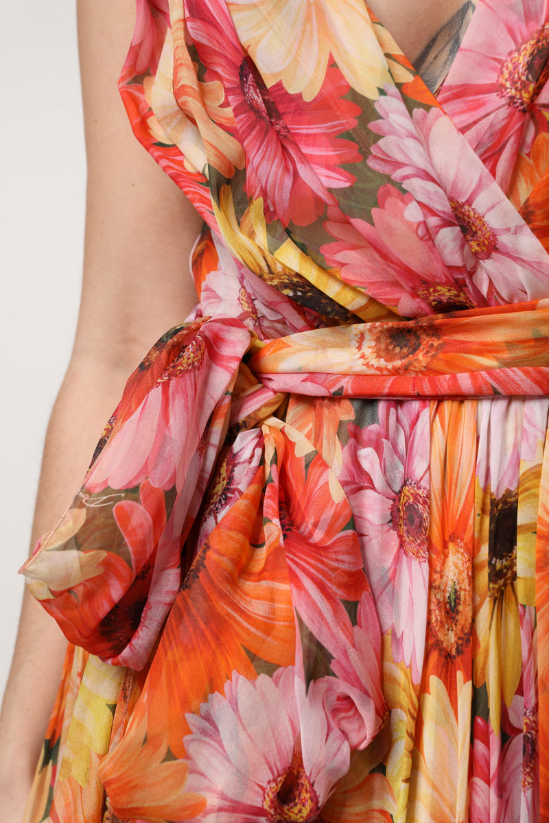 Multicolor floral silk V-neck chiffon dress with a wrapped waist tie