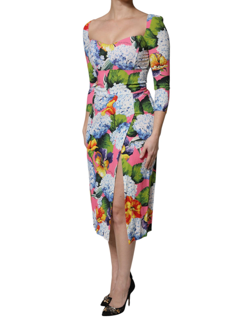Multicolor floral print sweetheart neckline midi dress with a high side slit