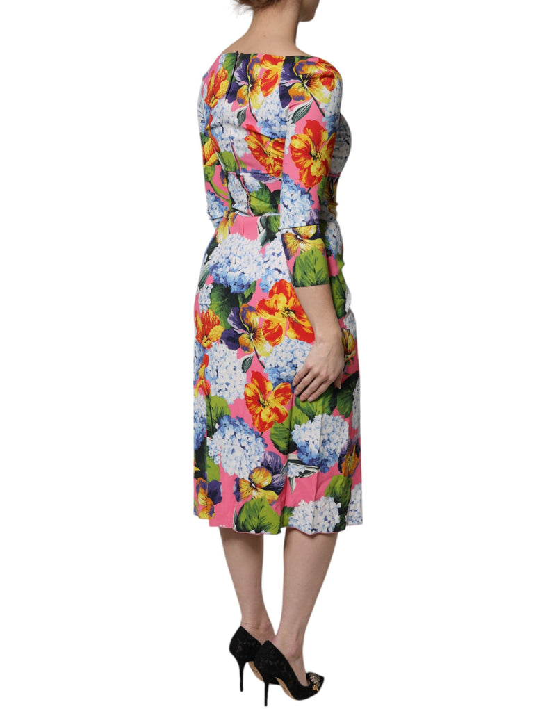 Multicolor floral print pink midi dress with elbow-length sleeves