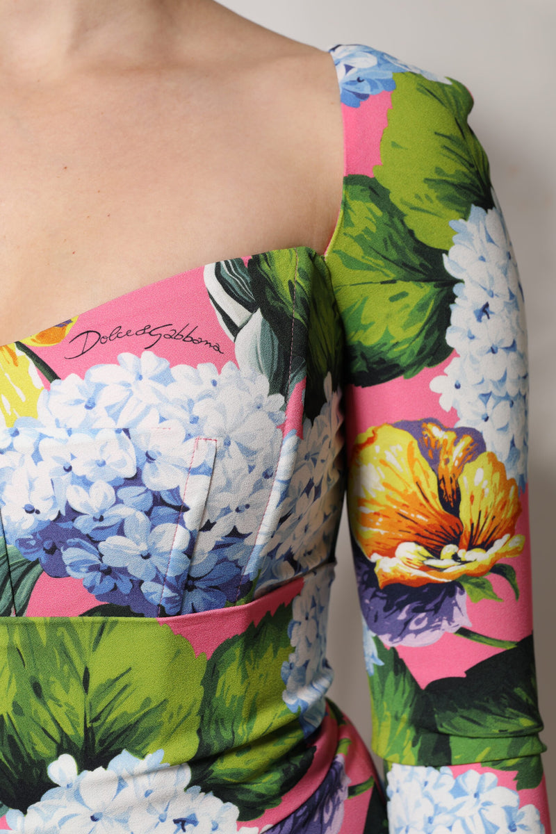 Multicolor floral silk midi dress with sweetheart neckline and long sleeves