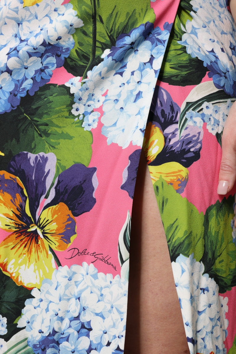 Multicolor floral print silk midi dress with a high side slit