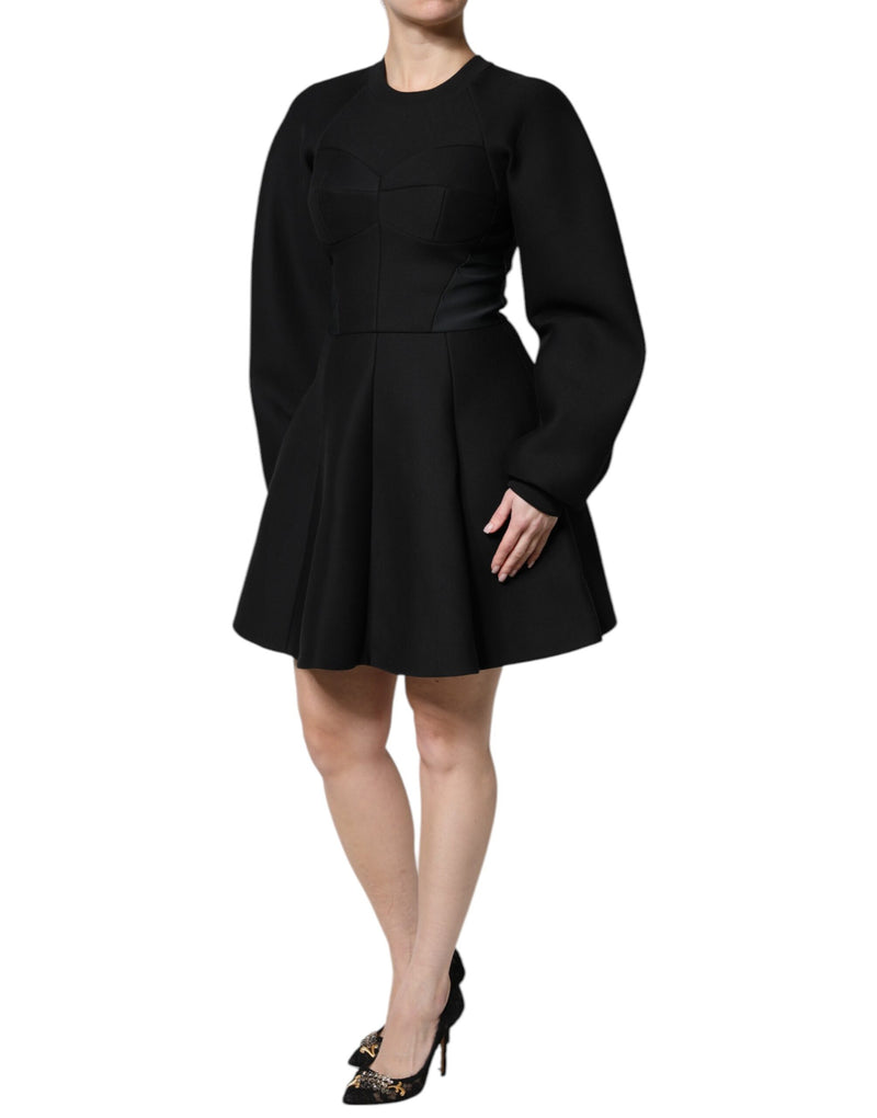 Dolce & Gabbana black long-sleeve a-line mini dress with structured bodice and flared skirt