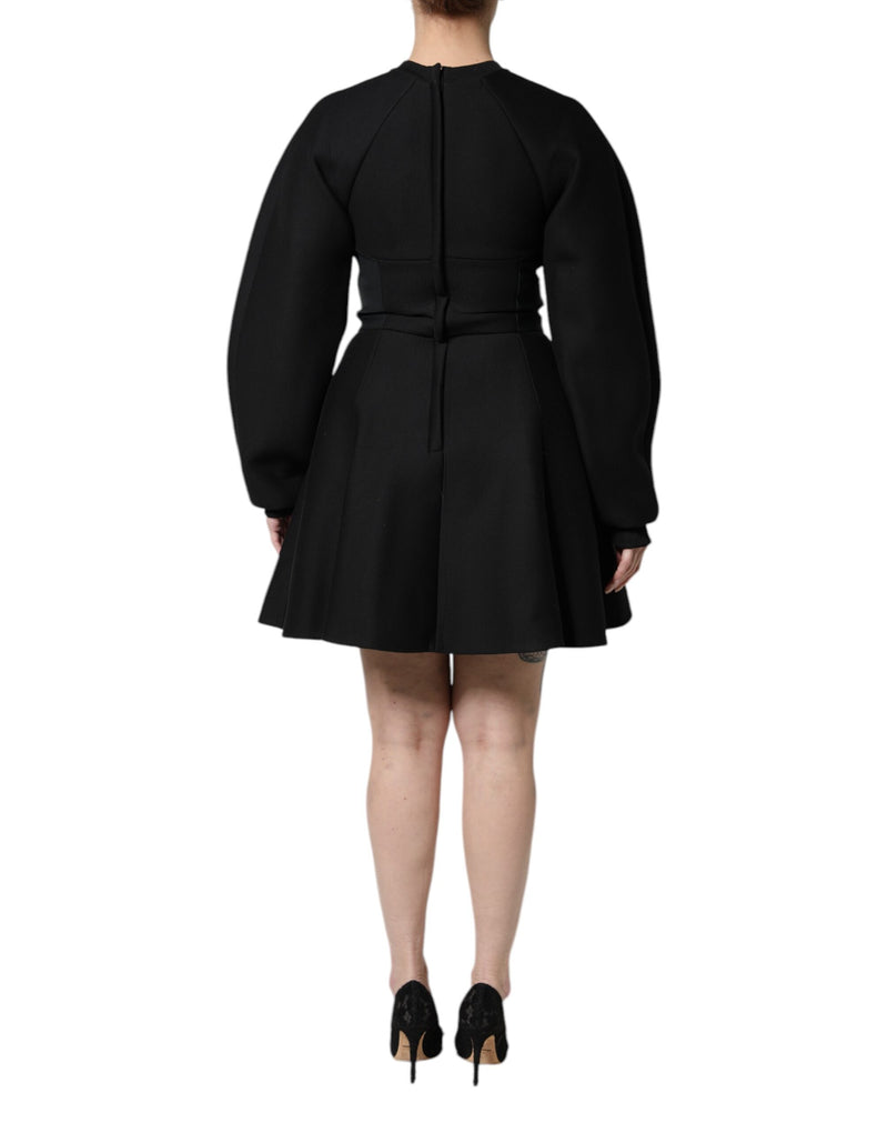 Black cotton long-sleeve A-line mini dress with puffed sleeves