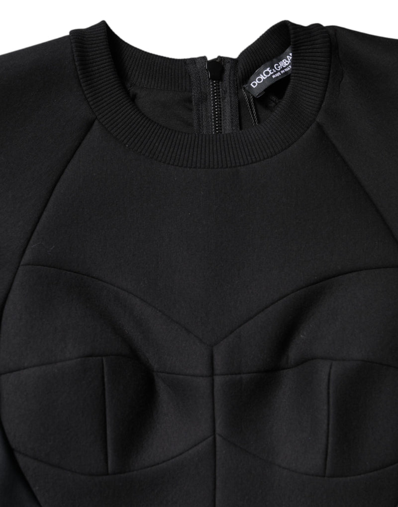Black cotton mini dress with a ribbed crew neck and bustier bodice detail