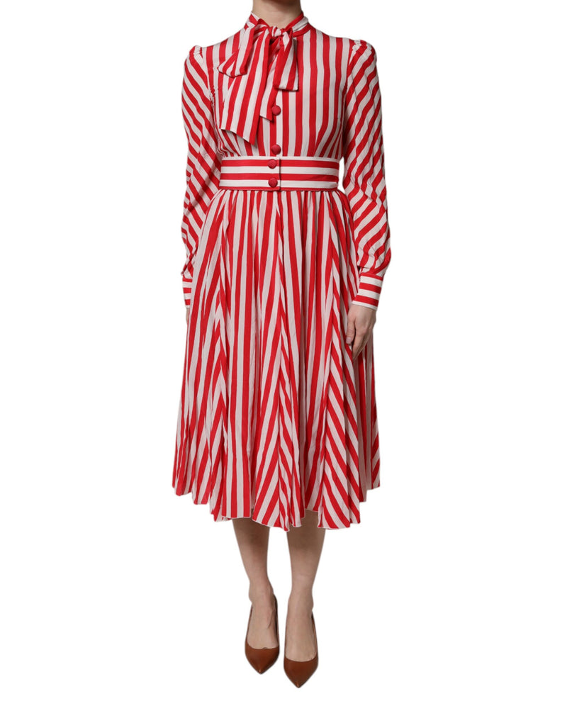 Dolce & Gabbana white and red striped silk midi dress with long sleeves and a bow necktie