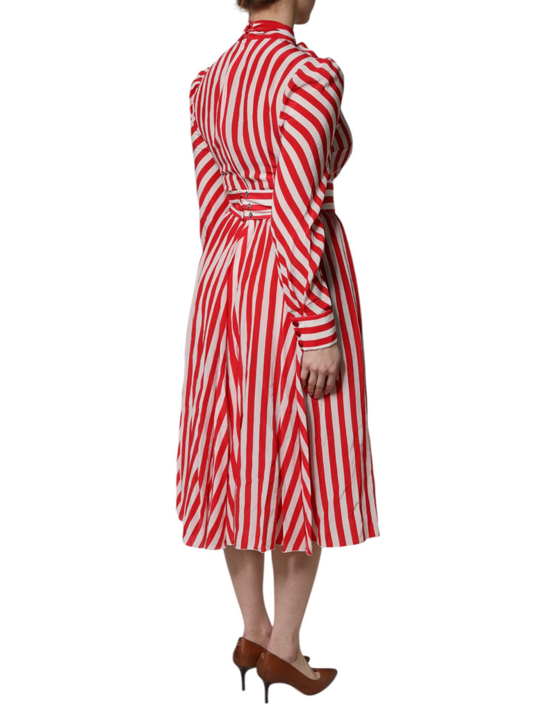 Dolce & Gabbana red and white striped long sleeve midi dress with a fitted waist and flared skirt