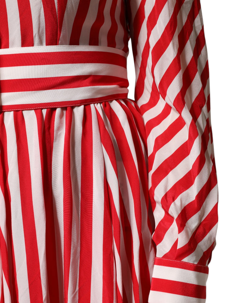 Red and white striped silk midi dress with a wide waistband
