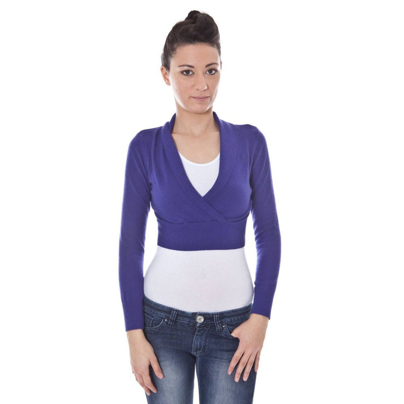 Purple knit wool-blend women's cropped shrug with long sleeves and shawl collar
