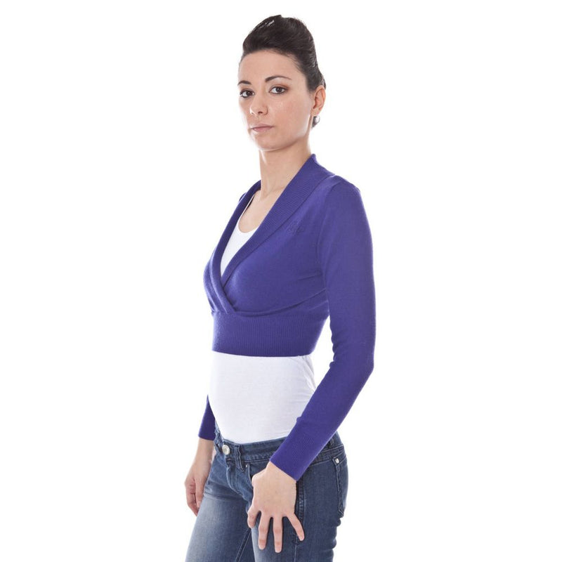 Purple knit cropped women's shrug with long sleeves and shawl collar