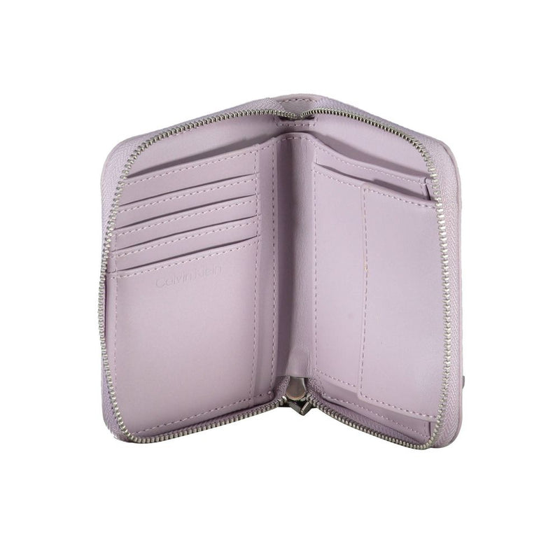 Open purple polyester women's wallet showing interior card slots and zipper