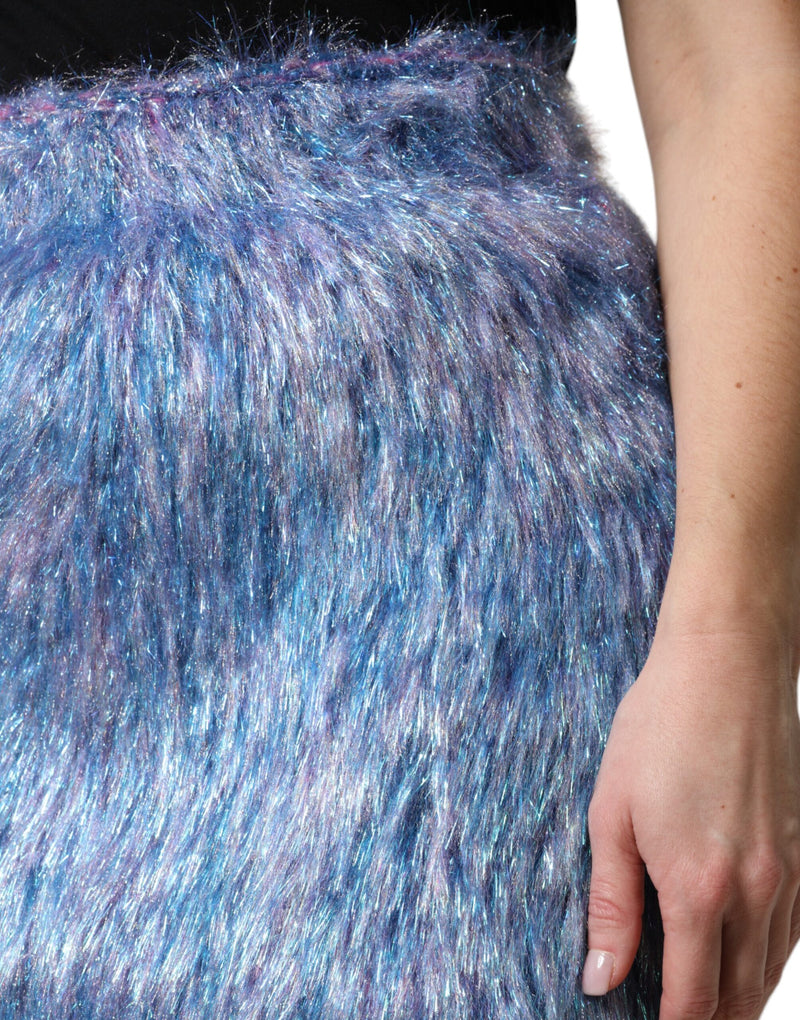 Multicolor plush high waist mini skirt in blue and purple fuzzy faux fur