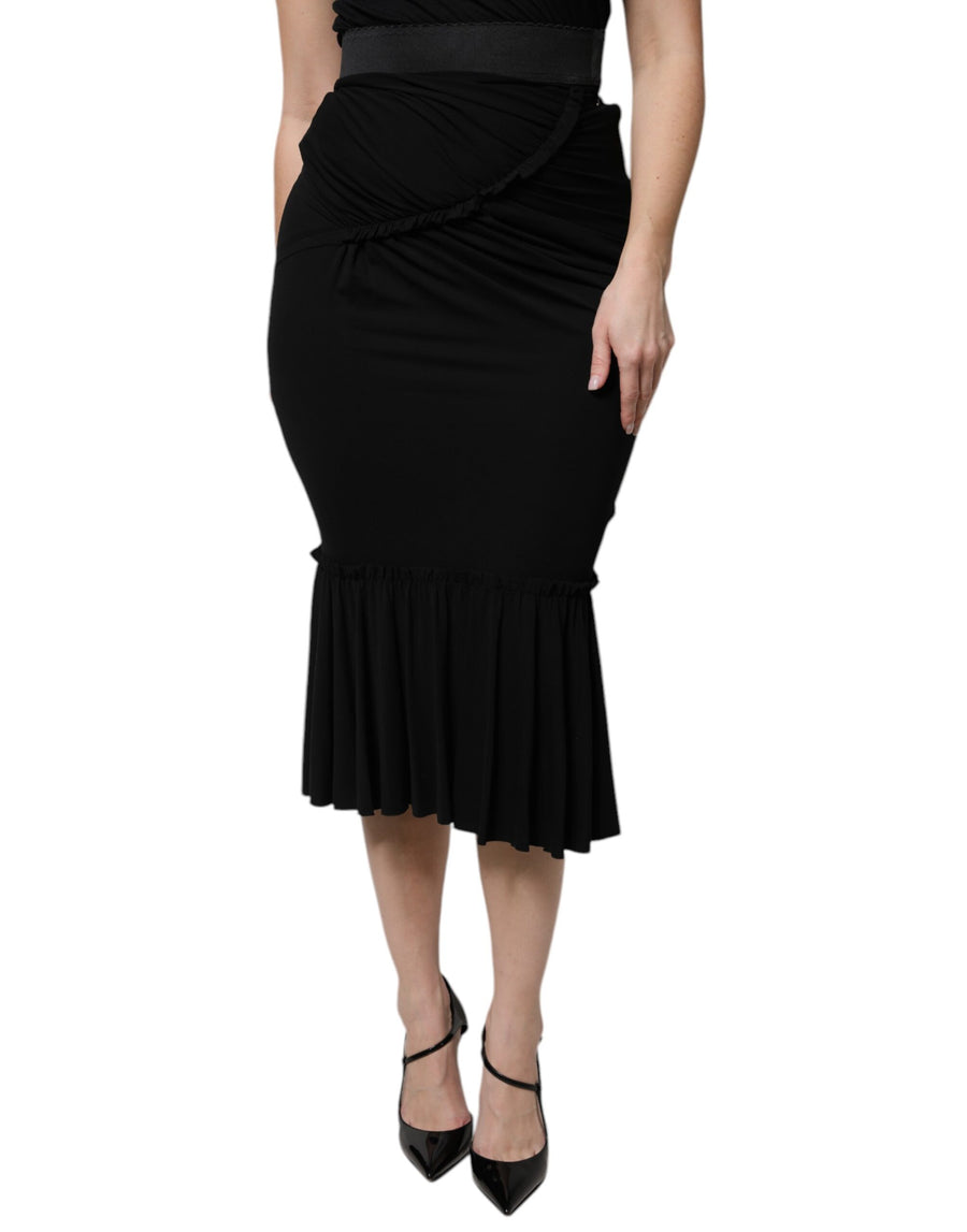 Black high-waist midi mermaid skirt with ruched detailing and a ruffled hem