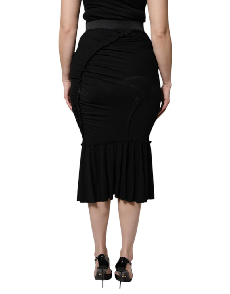 Black high waist mermaid cut midi skirt with ruched detailing and ruffled hem