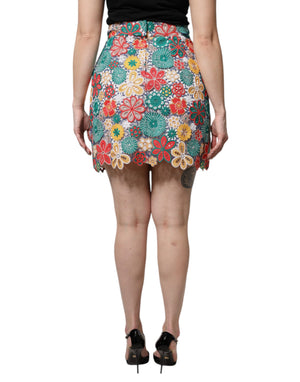 Dolce & Gabbana Multicolor Floral Lace High Waist Mini Skirt