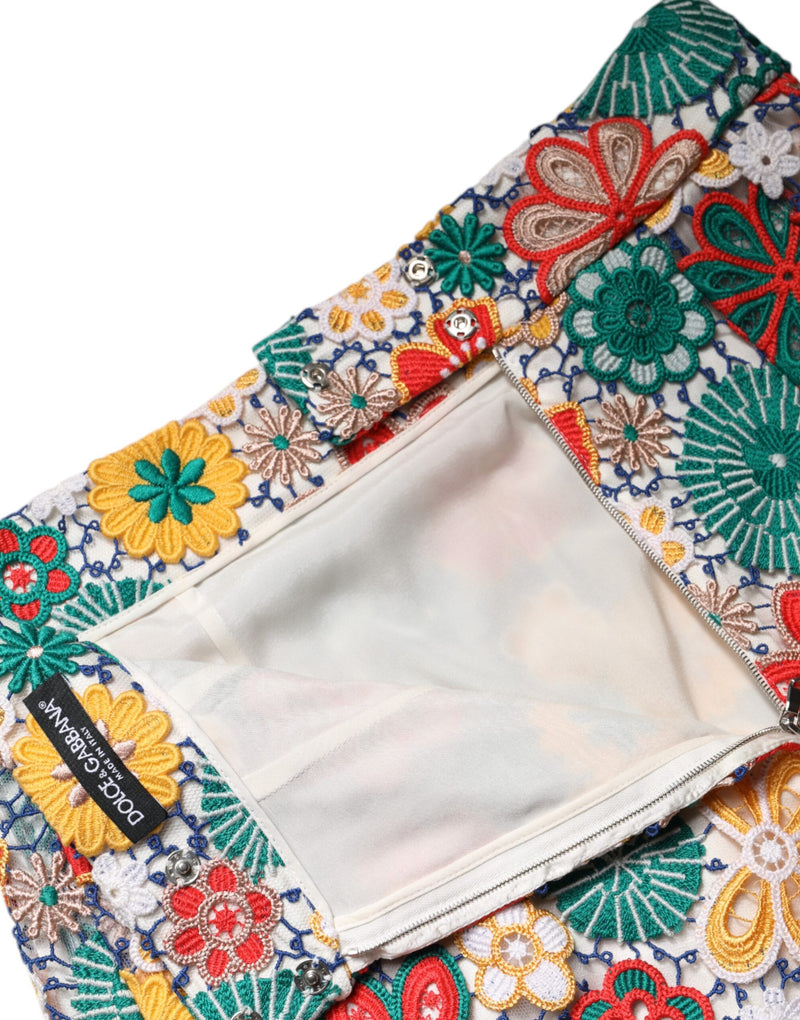 Multicolor floral lace high waist mini skirt featuring intricate embroidery and a side zipper closure
