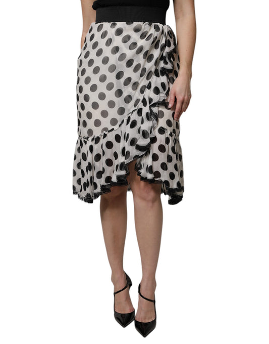 Dolce & Gabbana white and black polka dot silk wrap skirt with ruffles