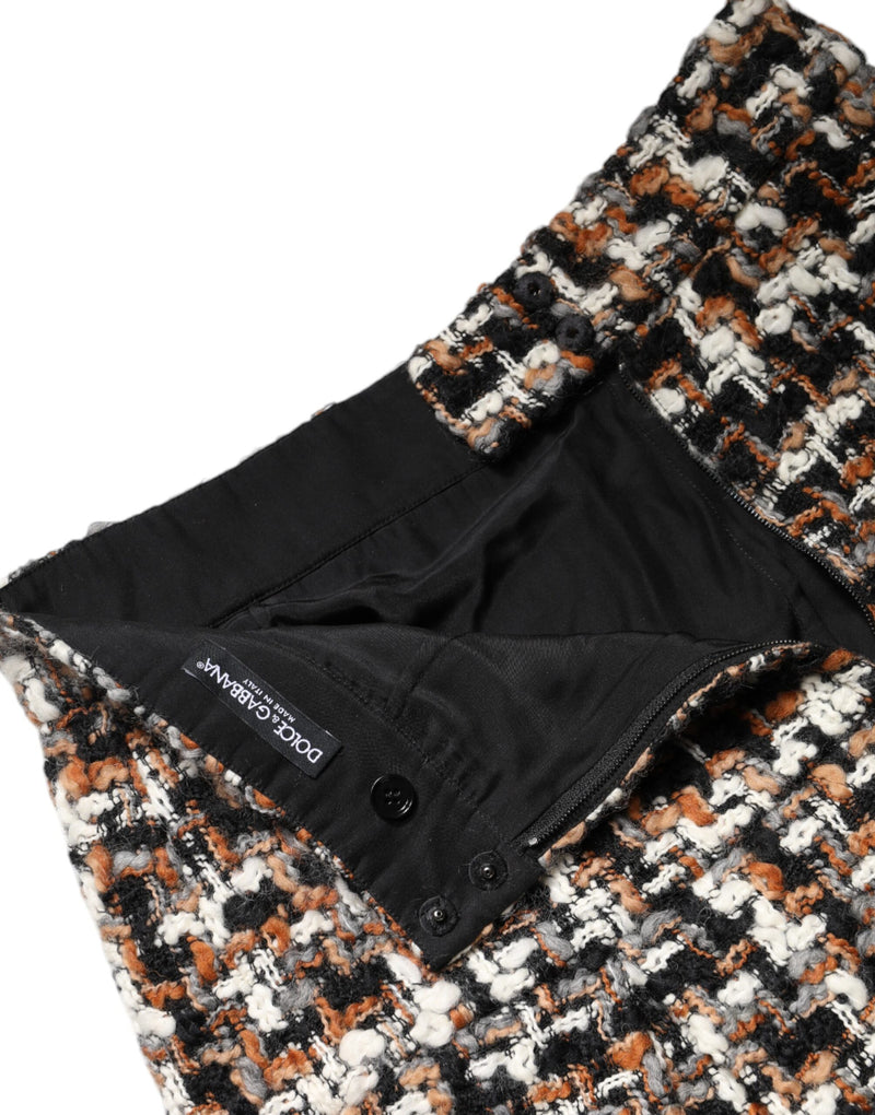 Dolce & Gabbana black, white, and brown tweed mini skirt featuring a high waist and zip closure