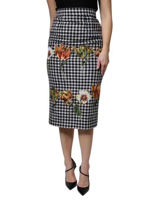 Black and white houndstooth high-waist pencil skirt featuring a colorful floral print