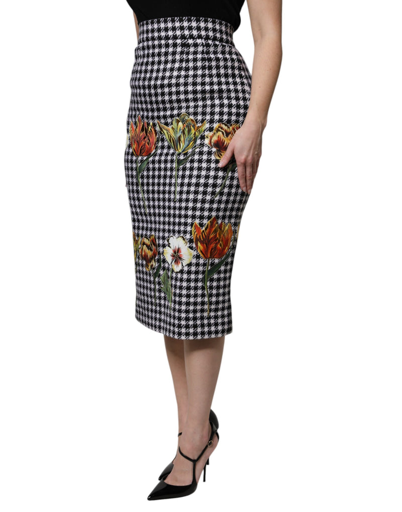 High-waist black and white houndstooth pencil skirt with colorful tulip floral prints