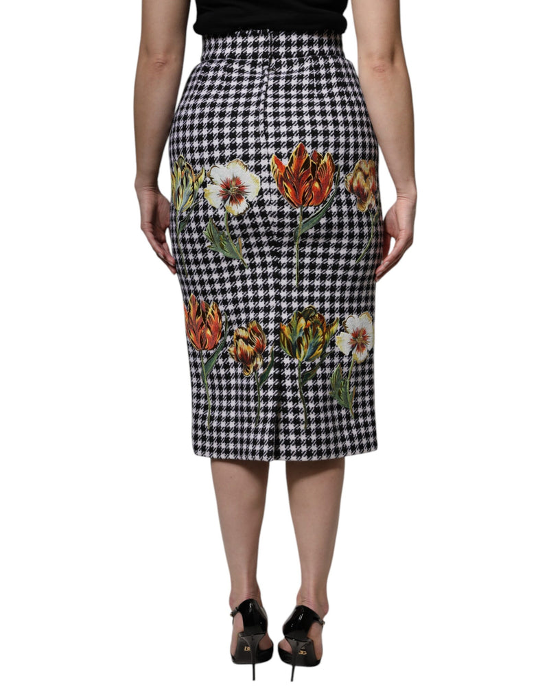 Black and white houndstooth high-waist pencil skirt with multicolored floral embroidery