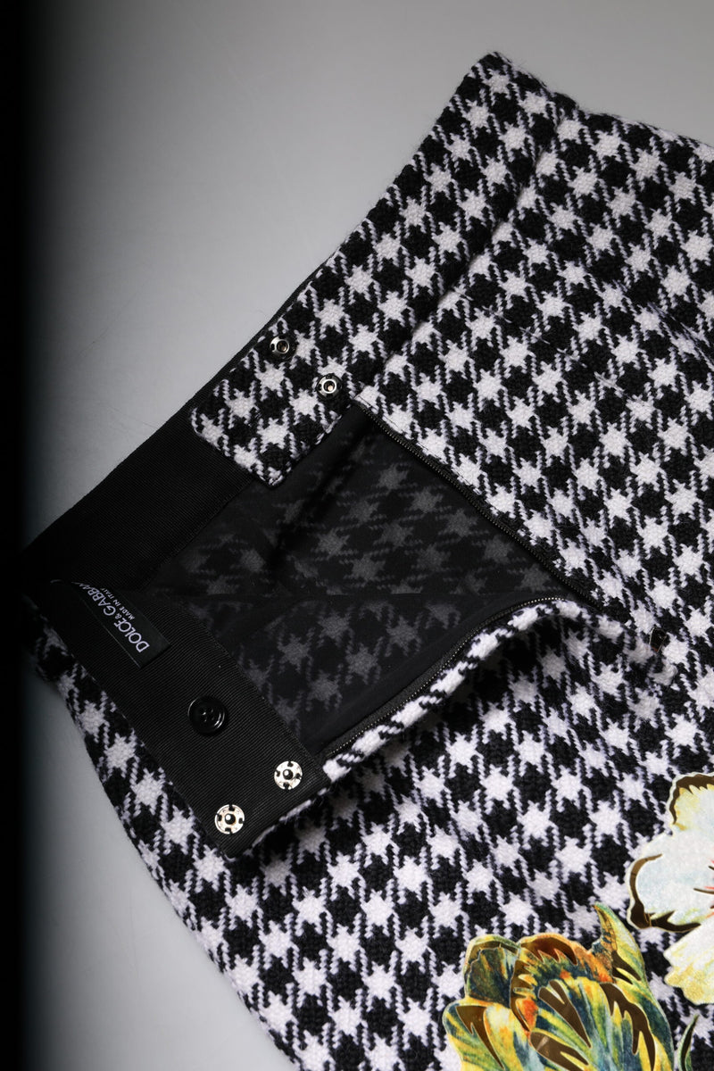 Black and white houndstooth wool pencil skirt with floral print