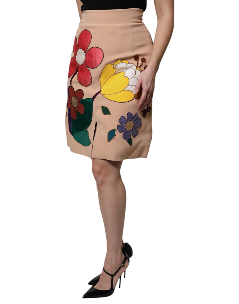 Beige high-waisted pencil skirt with colorful fabric flower appliqués