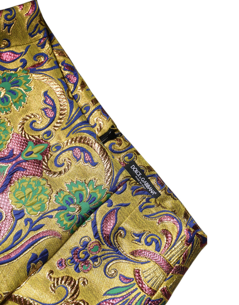 Multicolor floral jacquard mini skirt with gold, pink, green, and blue pattern