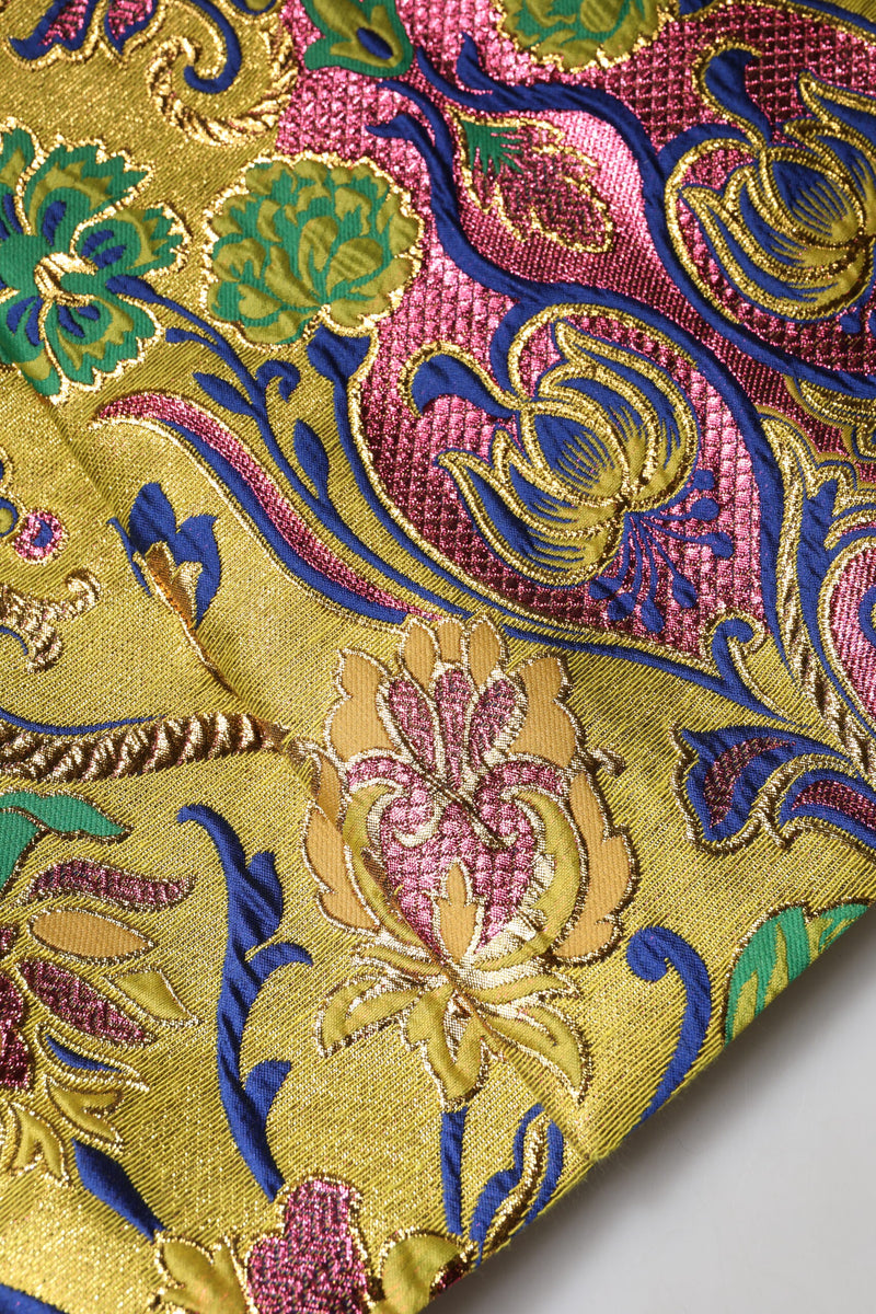 Multicolor floral jacquard fabric featuring gold, pink, green, and blue patterns