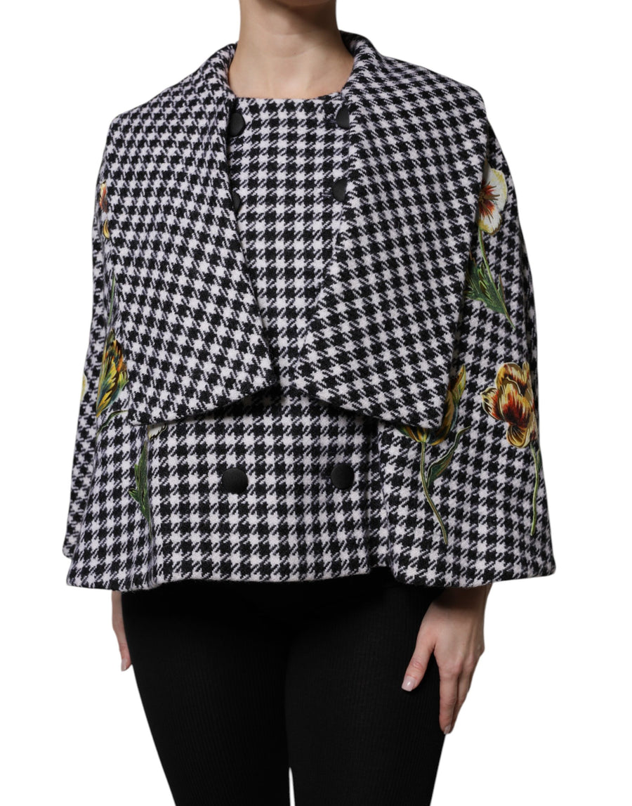 Black and white houndstooth wool cape jacket with embroidered floral motifs and double-breasted black buttons