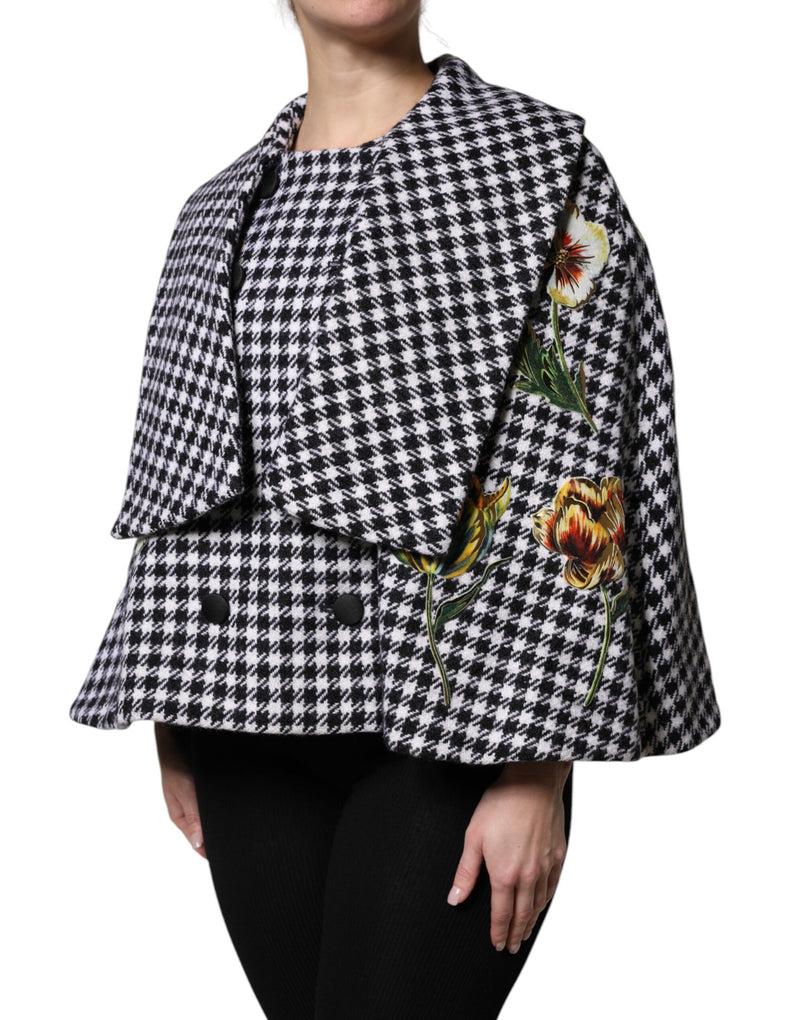Black and white houndstooth wool cape jacket with embroidered floral appliques