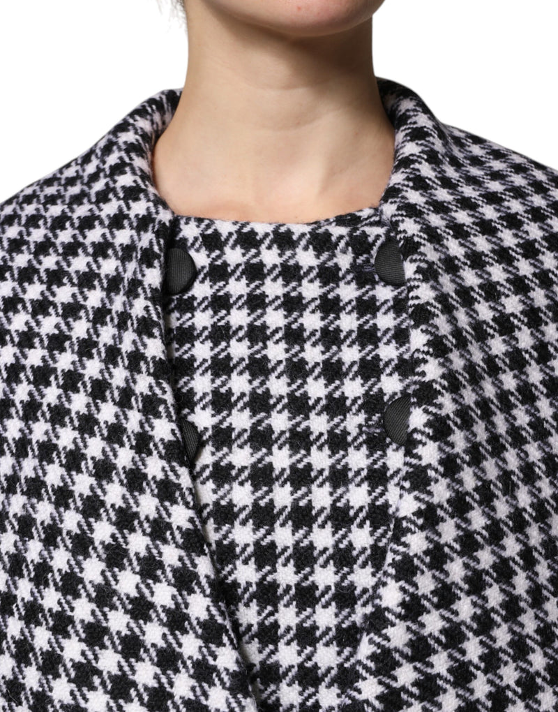 Black and white houndstooth wool cape jacket with black buttons