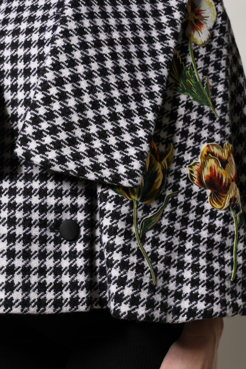 Black and white houndstooth wool cape jacket with embroidered floral applique