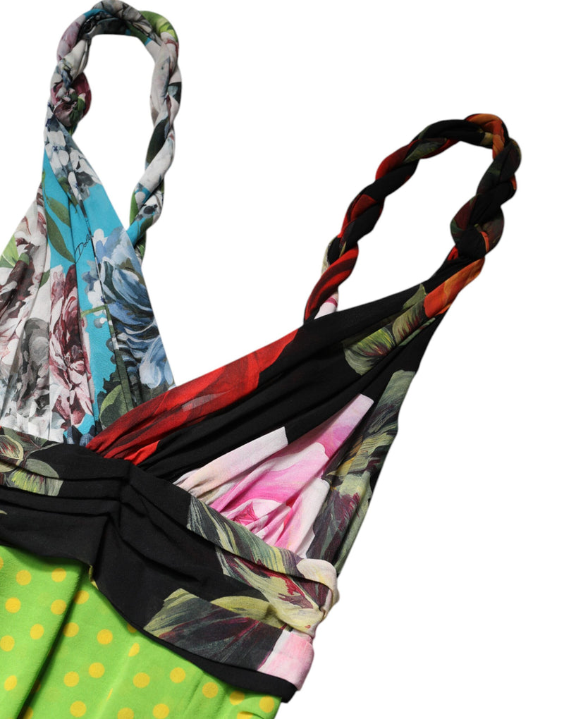 Multicolor silk mini dress featuring floral patchwork and braided straps