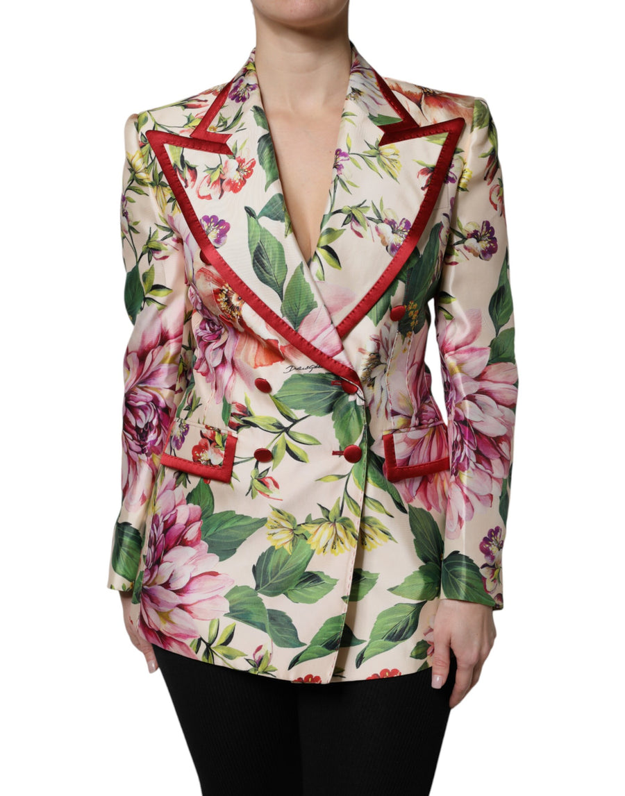 Dolce & Gabbana multicolor floral silk satin double-breasted jacket with red trim