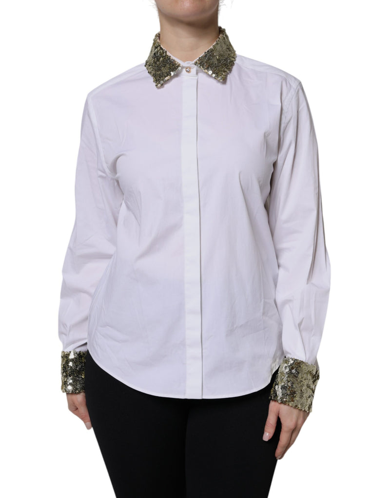 White cotton long-sleeve shirt with sparkling gold sequin collar and cuffs