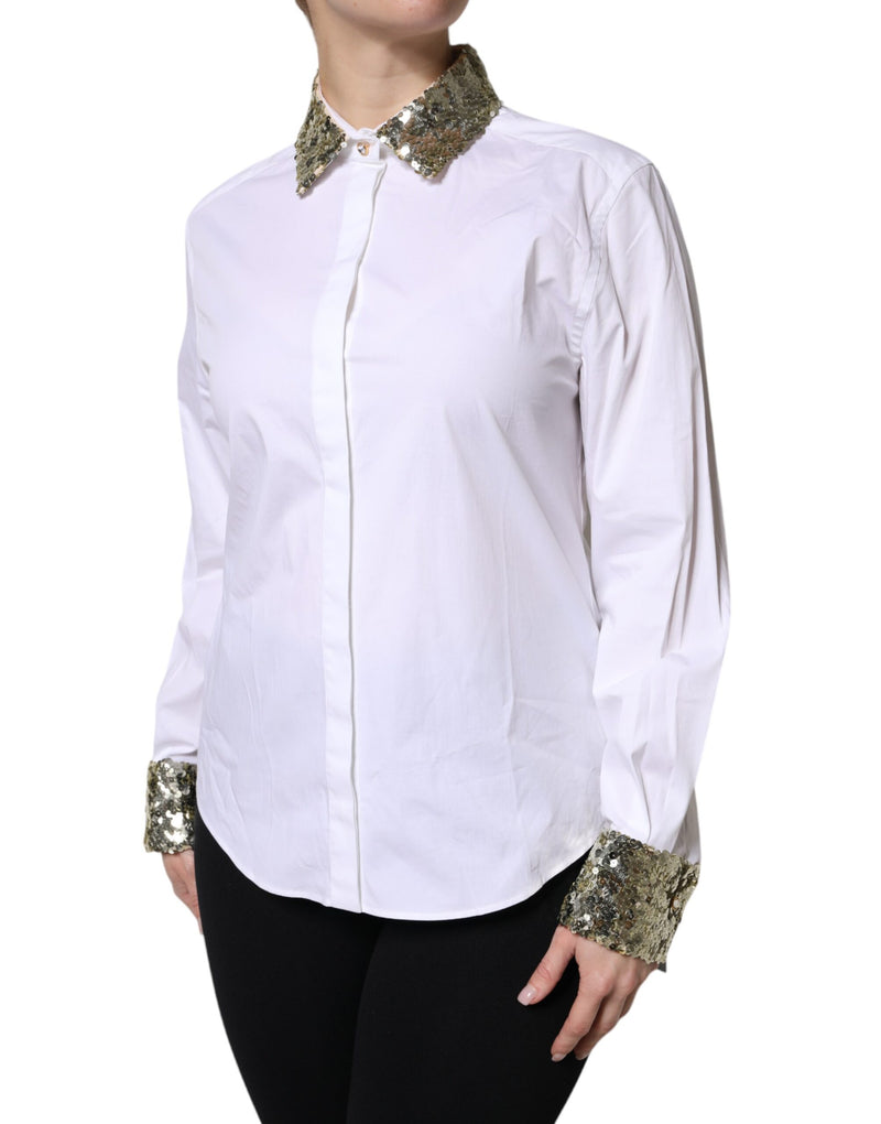 White cotton long sleeve button-up shirt with gold sequin collar and cuffs