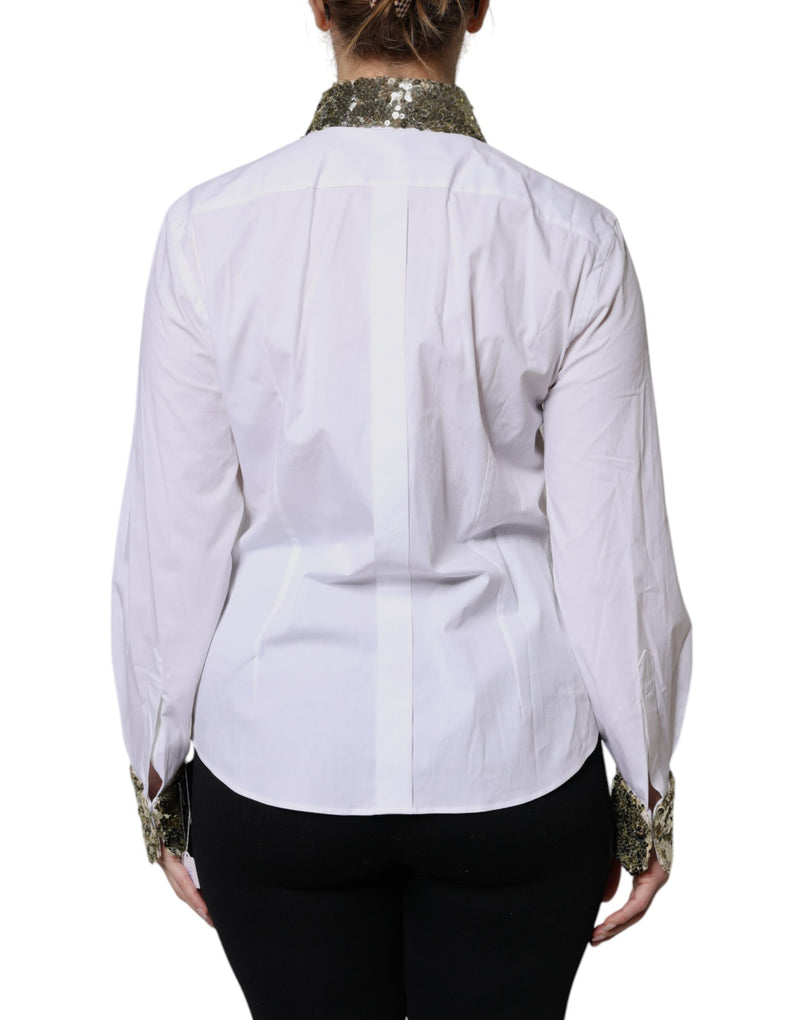 White cotton long-sleeve shirt with gold sequin collar and cuffs worn from the back