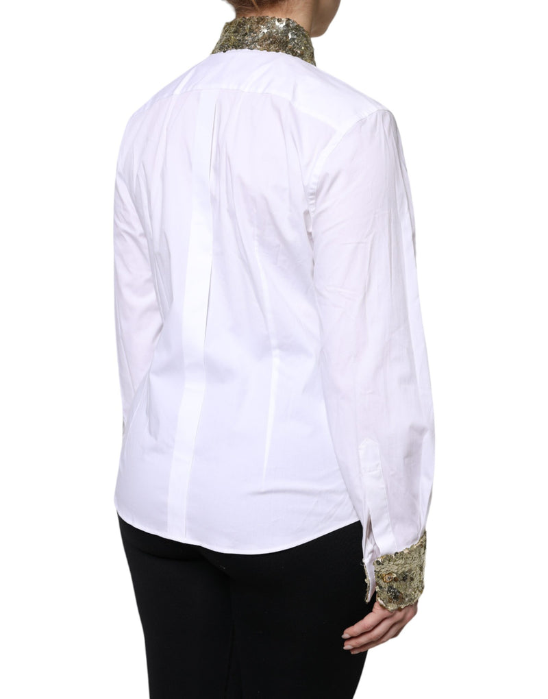 White cotton long-sleeve shirt with sparkling gold sequin collar and cuffs