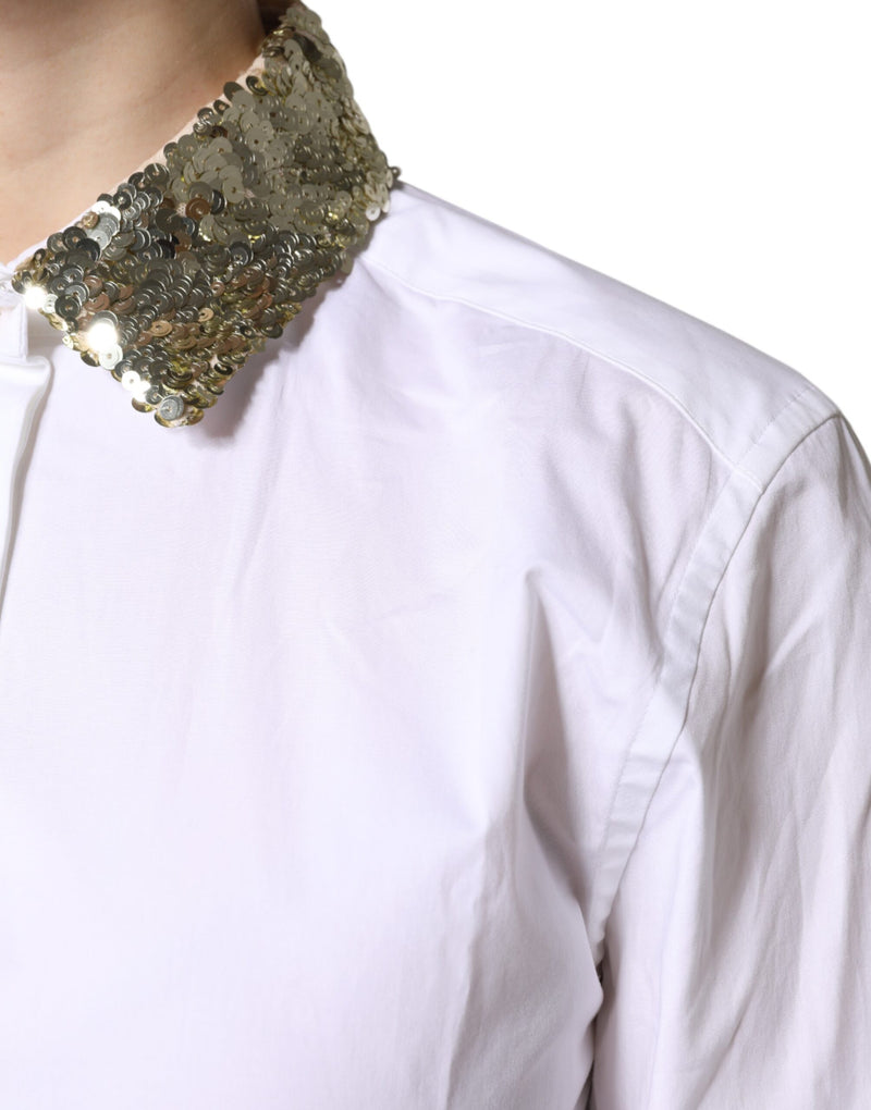 White cotton long sleeve button-up shirt with gold sequin collar