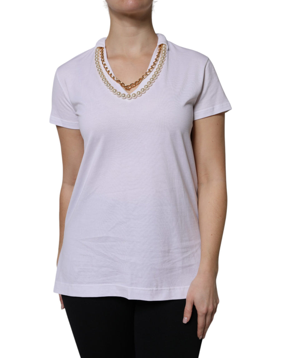 White cotton short sleeve t-shirt with built-in gold chain and pearl necklace collar