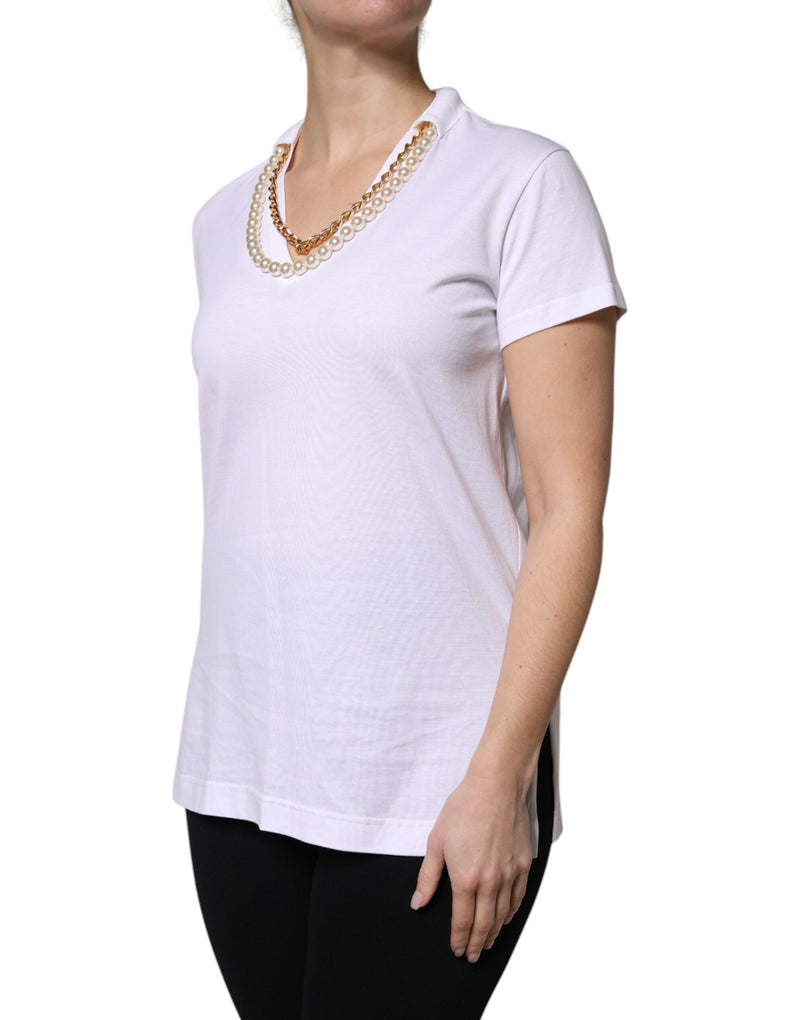 White cotton short-sleeve t-shirt with attached gold chain and pearl necklace detail