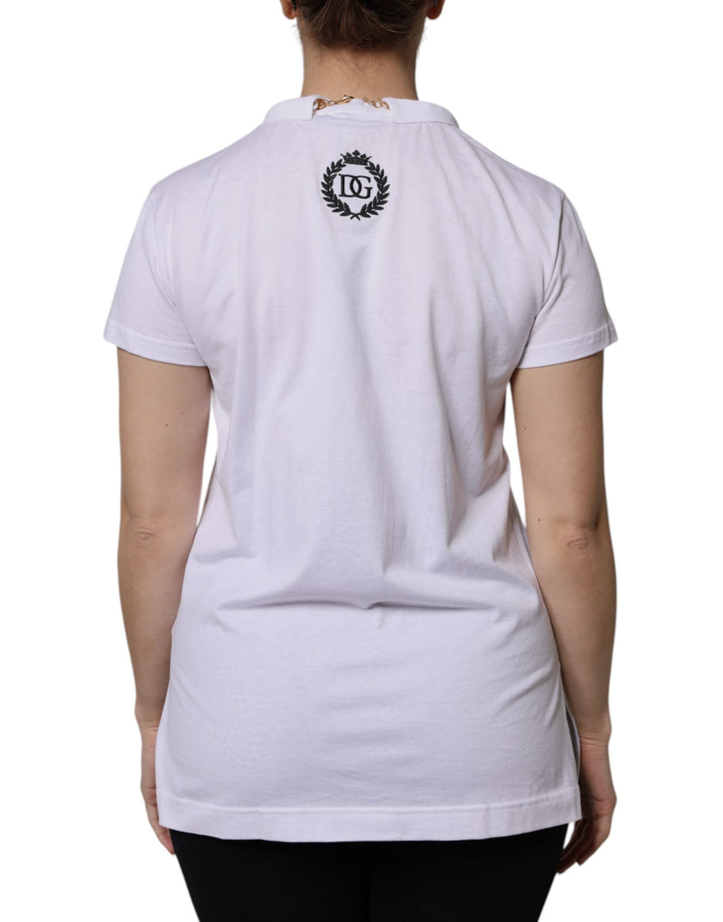 White cotton short sleeve t-shirt with a gold chain necklace detail and black DG logo on the back